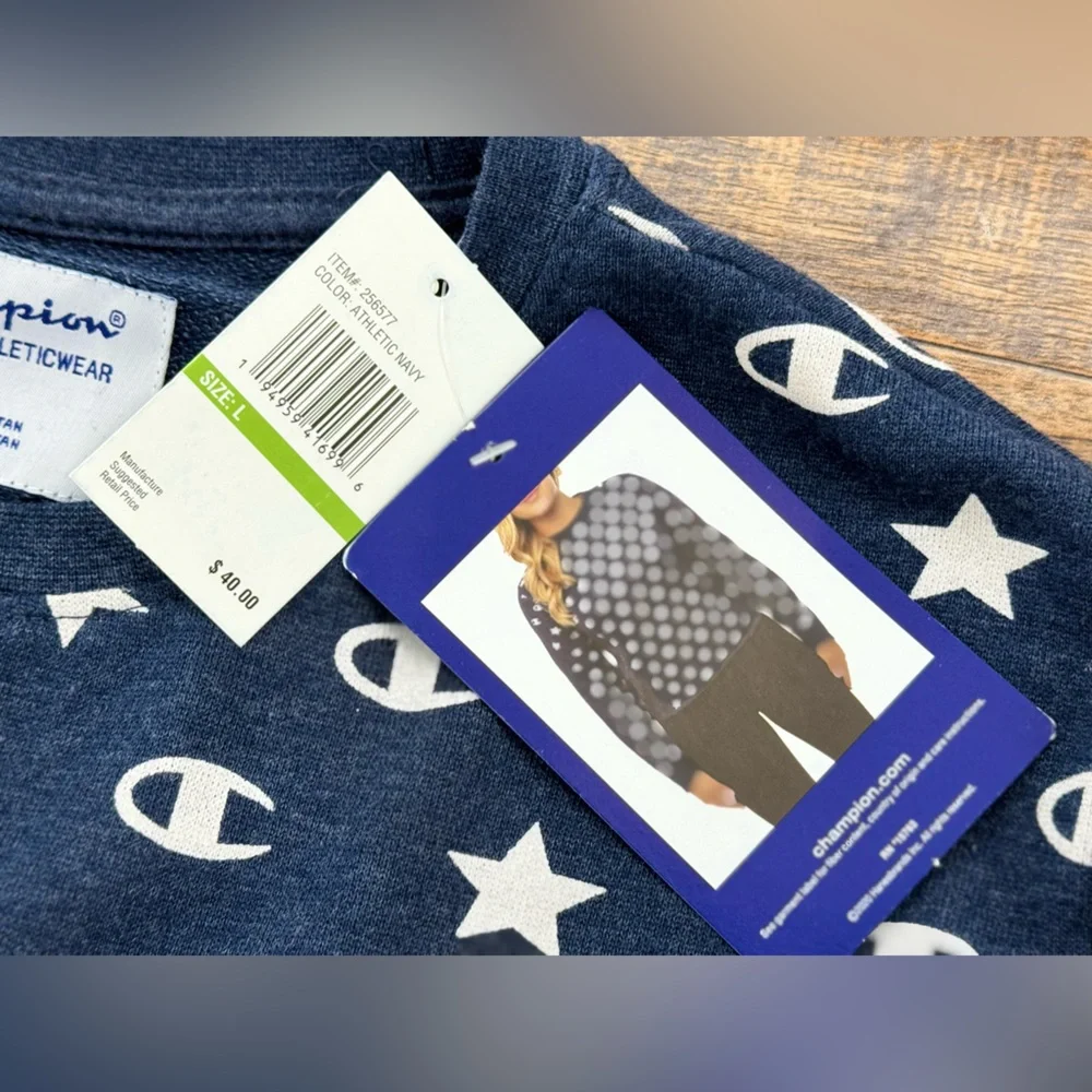 Champion Women's Blue All Over Stars and Logo Long Sleeve Pullover Tee, Size L - Picture 7 of 9
